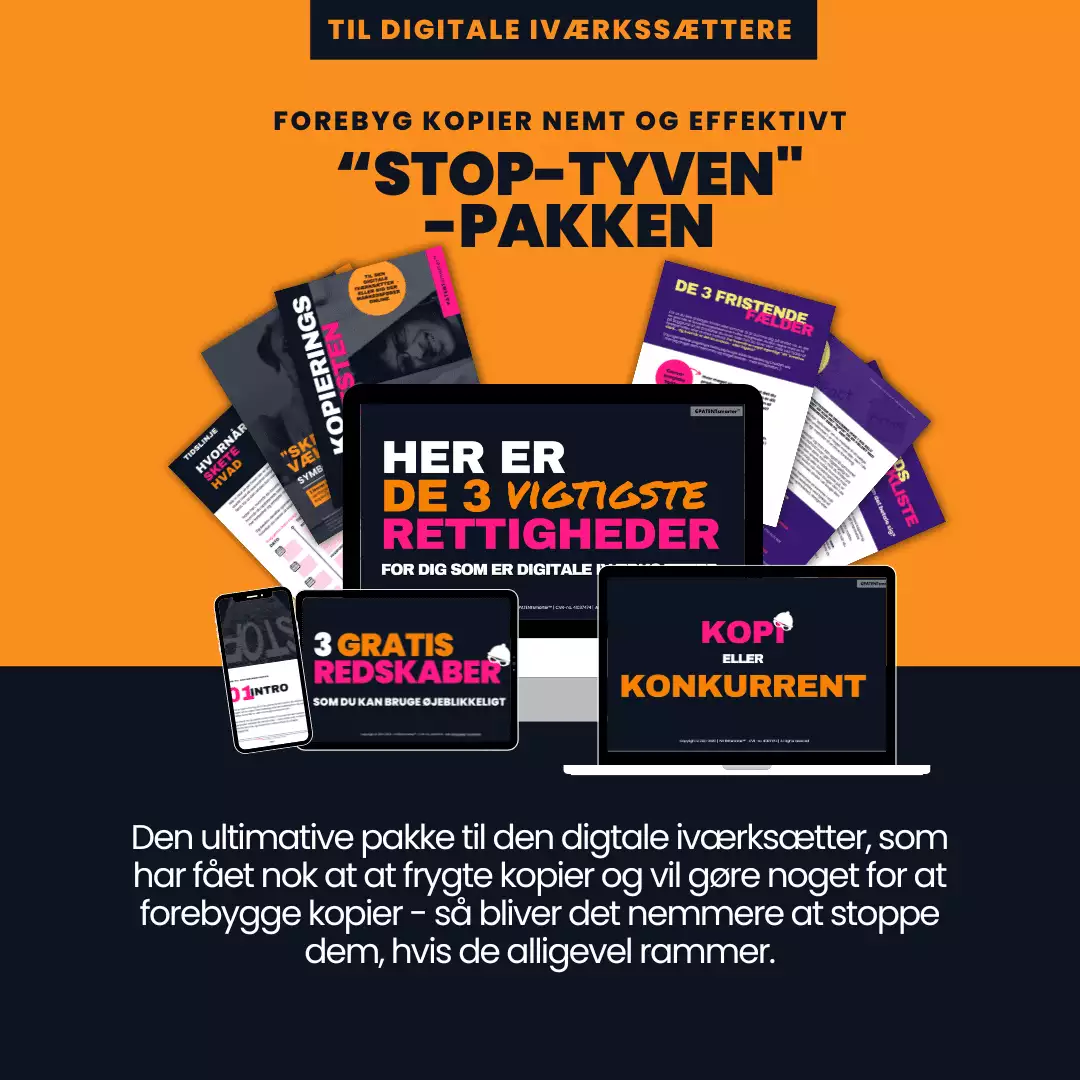 Stop tyven-pakken pakken. Mockup af pakkens indhold, pdfer, video, vist på computer, tablet og telefon.