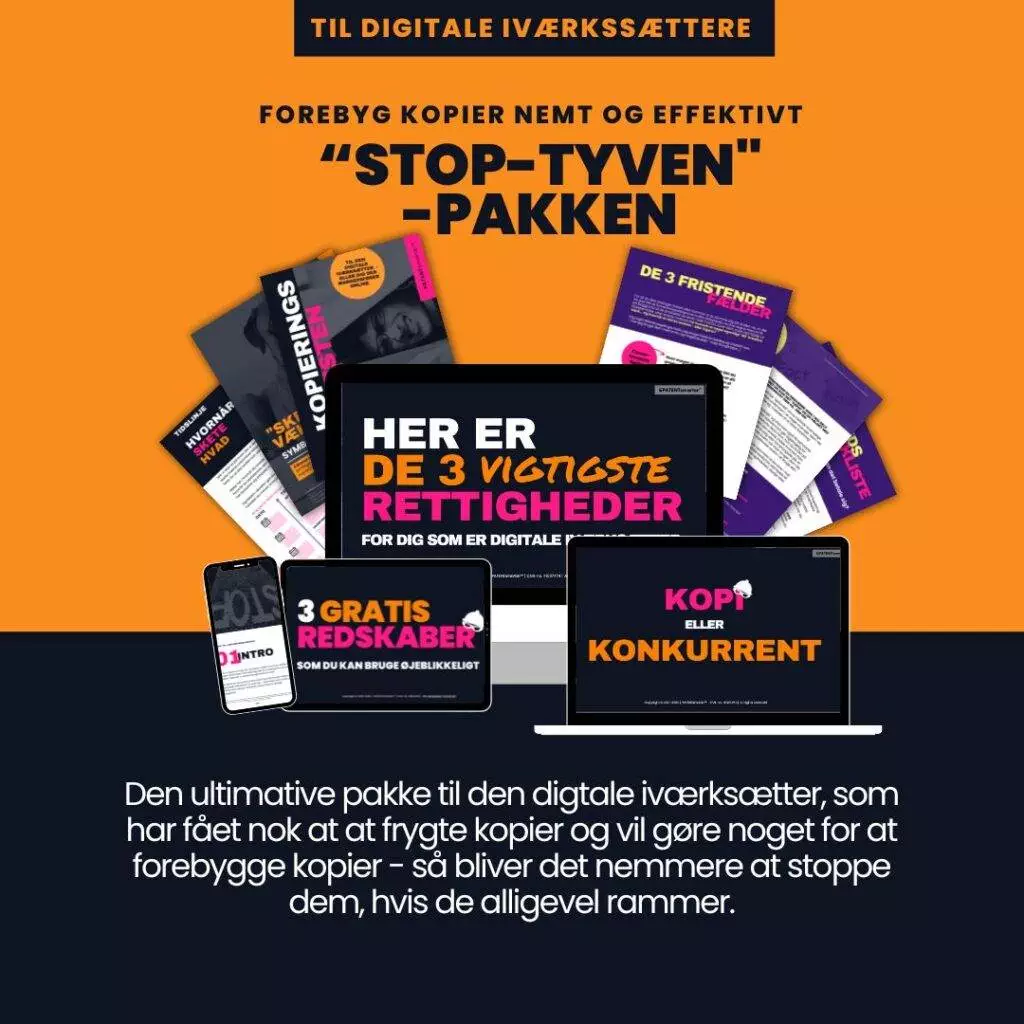 Stop tyven-pakken pakken. Mockup af pakkens indhold, pdfer, video, vist på computer, tablet og telefon.