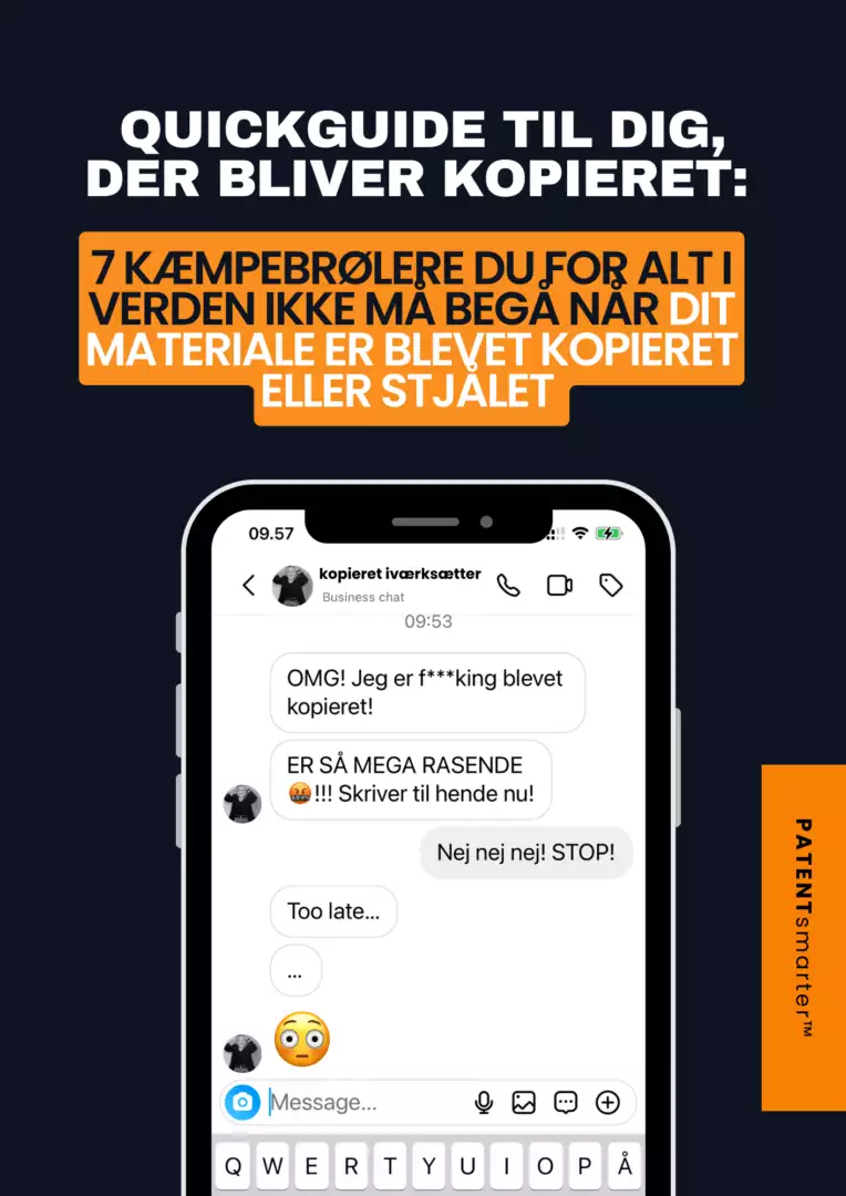 Front page of: 7 kæmpebrølere du for alt i verden ikke må begå når dit onlinemateriale er blevet kopieret eller stjålet over an sms-conversation in danish about a reaction to a copy