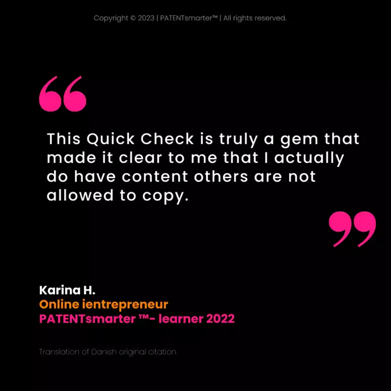 A quote from karina h. About patentsmarter™ on a black background with pink quotation marks. Reads: 